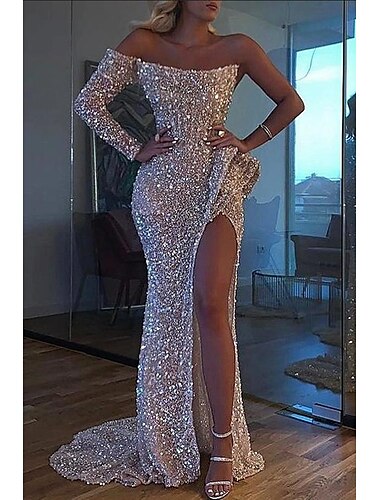  Robe de soirée sirène en sequins forme élégante robe de mariage à traîne courte à manches longues à une épaule avec fente robe masquée 2025