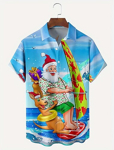  Boże Narodzenie męska koszula hawajska Święty Mikołaj Święty Mikołaj surfing casual aloha odzież outdoorowa codzienne ubrania streetwear jesień krótki rękaw niebieski s m l normalny