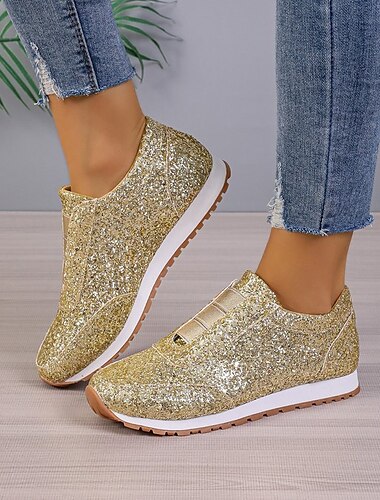 γυναικεία αθλητικά slip-on χρυσά glitter – αστραφτερά casual παπούτσια για περπάτημα για μόδα και καθημερινή χρήση