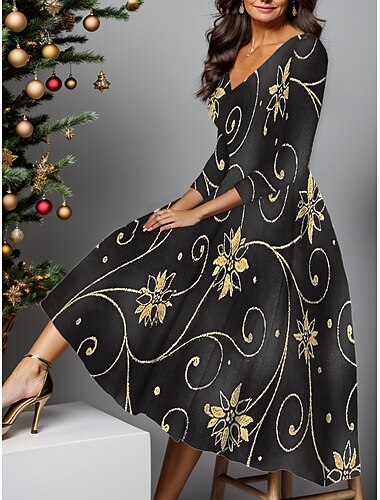  Neujahr Damen Midi Kleid A-Linien Kleid Winter Kleid Swing Kleid Semi-Formal Kleid Mode Streetwear Modern Formal Outdoor Party Reguläre Passform Floral Schneeflocke 3/4 Länge Ärmel V-Ausschnitt