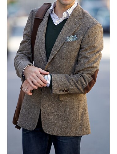  Herren-Blazer aus Tweed mit Fischgrätenmuster, Vintage-Stil, Übergröße, normale Passform, einreihig, zwei Knöpfe, grün, Khaki, 2024