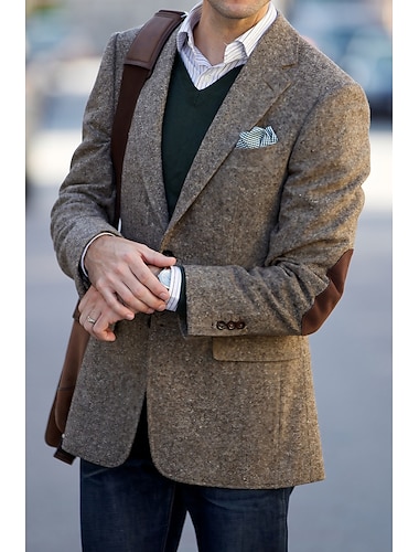  Herren-Blazer aus Tweed mit Fischgrätenmuster, Vintage-Stil, Übergröße, normale Passform, einreihig, zwei Knöpfe, grün, Khaki, 2024