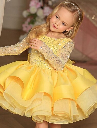  Blumenmädchenkleid Mädchen Party Kleid Leistung Hochzeit Party Prinzessin Süß Gitter Feste Farbe Ärmellos Schulterfrei Weiß Gelb 2-12 Jahre