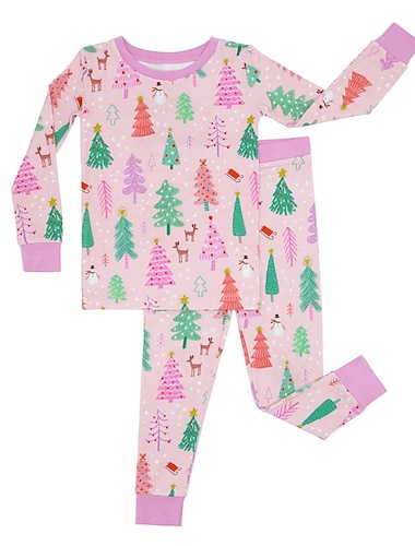  Navidad Chica 3D Árbol de Navidad Conjunto pijama Manga Larga Impresión 3D Otoño Invierno Activo Moda Estilo lindo Poliéster Niños 3-12 años Cuello Barco Hogar Casual Interior Ajuste regular
