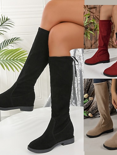  Women's Boots Sock Boots Plus Size Winter Boots Outdoor Daily Solid Color Knee High Boots Winter Flat Heel Classic Minimalism Faux Suede Black Burgundy Khaki