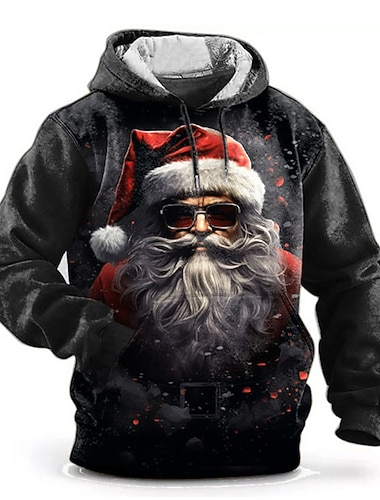  Sudadera con capucha 3D de Papá Noel para hombre, con estampado gráfico de moda en 3D, para deportes al aire libre, vacaciones, sudadera con capucha de manga larga negra y roja, bolsillo frontal con