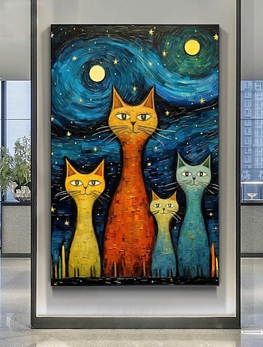  kézitárs olajfestmény vászonfal művészeti dekorációabsztrakt kés festmény van gogh stílusú csillagos macska lakberendezéshez hengerelt keret nélküli nyújtatlan festmény