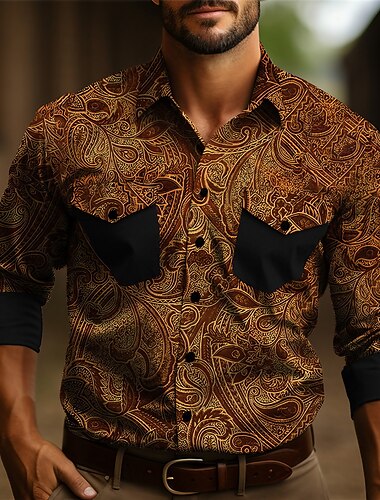  Homme Chemise Chemise Western Chemise de cow-boy manche longue ancien Extérieur Rue Décontracté Quotidien Automne & Hiver Col Rabattu Boutons Imprimé Bleu Marron Gris