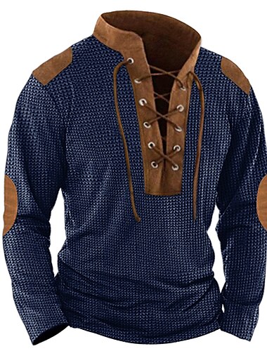 Men's Waffle Shirt T Shirt Tee Top Long Sleeve Shirt Long Sleeve Collar Spring &  Fall Color Block Vintage Designer Basic Lace up Patchwork Vacation Street Going out Black Blue khaki Top Tee for Men