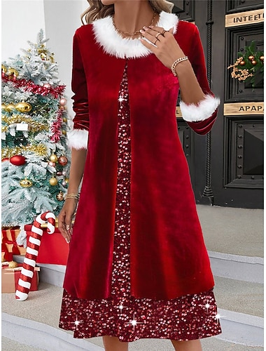  Mujer Vestido de terciopelo Vestido de Lentejuelas Vestido de Fiesta Terciopelo Lentejuelas Retazos Cuello Barco Manga Larga Vestido Midi Navidad Vino Primavera Invierno