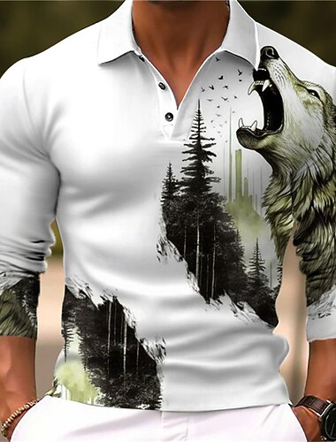  Voor heren Wolf Poloshirts Golfshirt Lange mouw Poloshirt Overhemden met kraag Casual Grappig Vakantiekleding Feestoutfits 3D-afdrukken Knop Herfst winter Zwart Geel blauw