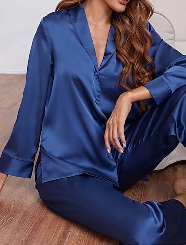  Mujer Pijamas Conjuntos Color puro Sencillo Casual Confort Hogar Diario Cama Satén Transpirable Escote en V Manga Larga Camisa Pantalón Botón Otoño Invierno Negro Champaña