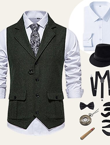  Retro Vintage Roaring 20s 1920s Outfits Shirt Waistcoat Gentleman Gangster Solid Color Normal Men's Halloween Carnival New Year Party / Evening Prom Bachelorette Party Adults' Vest Shirt Bow All