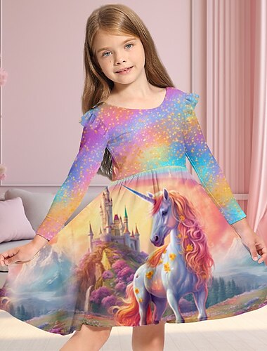  Mädchen' 3D Galaxis Einhorn Rüschenkleid Langarm 3D-Druck Herbst Winter Urlaub Sport & Natur Täglich Kuschelig Brautkleider schlicht Schön kinderkleidung 3-12 Jahre Casual kleid A Linie Kleid Übers