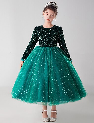  Barn Jente Festkjole Helfarge Langermet Bryllup Eksamen Pegeant Paljetter Daglig Prinsesse Vakker Bomull Knelang Festkjole Blomsterjente kjole Vår Høst Vinter 4-13 år Rød Grønn