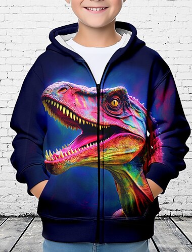  Para Meninos 3D Dinossauro Moletom Casaco Casacos Manga Longa Impressão 3D Outono Inverno Moda Roupa de rua Legal Infantil 3-12 anos Ao ar livre Casual Diário Normal