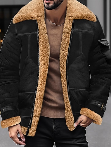  Men's Winter Coat Winter Jacket Shearling Coat Sherpa Jacket Outdoor Daily Wear Warm Fall Winter Plain Fashion Streetwear Lapel Regular Black Wine Brown Khaki Coffee Jacket