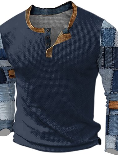  男性用 グラフィック チェック カラーブロック ヘンリーシャツ ワッフルTシャツ 長袖 3Dプリント デザイナー カジュアル ヴィンテージレトロ スポーツ・アウトドア 祝日 祭り 春 & 秋 ブラック ネイビーブルー カーキ色 グレー ヘンリー ヘンリーTシャツ