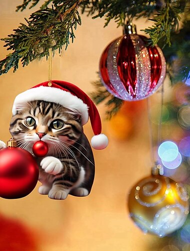  Weihnachtsschmuck Katze, Weihnachtsbaumschmuck aus Acryl mit 2D-Flachdruck und Auto-Rückspiegel-Zubehör für Katzenliebhaber