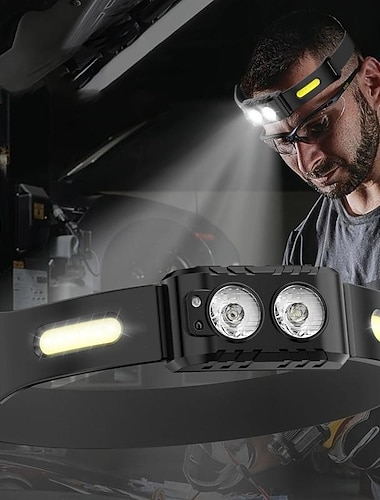  Lanterna de cabeça LED recarregável com sensor de movimento, farol leve à prova d'água, luz de cabeça LED para corrida, acampamento, ciclismo