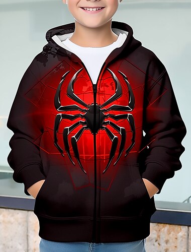  Víspera de Todos los Santos Chico 3D SPIDER Sudadera Abrigo Abrigos Manga Larga Impresión 3D Otoño Invierno Moda Ropa de calle Fresco Niños 3-12 años Exterior Casual Diario Ajuste regular