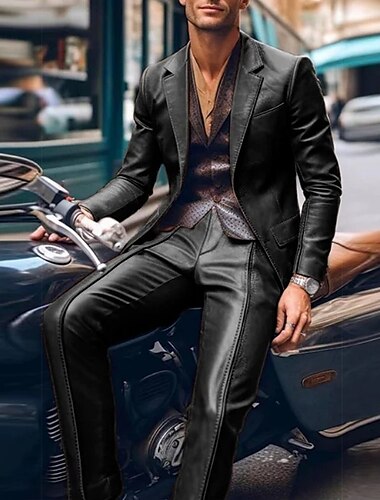  Trajes de fiesta para hombres de cuero sintético negro y marrón casuales de color sólido ajustados de 2 piezas de una sola hilera de botones con dos botones