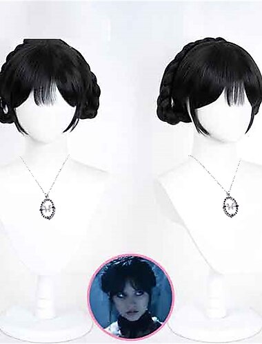  Wednesday Addams peruukit cosplay peruukki musta hius  kaulaketju cosplay-juhlapuruukit Halloween-peruukit