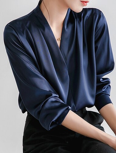  Dames Overhemd Blouse Effen Dagelijks Zakelijk Volwassen Lange mouw V-hals Normale tops Werk Wit Marineblauw Lente & Herfst