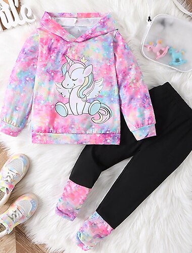  2 Peças Bébé Para Meninas Unicórnio Conjunto de moletom e moletom Conjunto Manga Longa Ativo Ao ar livre 3-7 anos Primavera Rosa Roxo