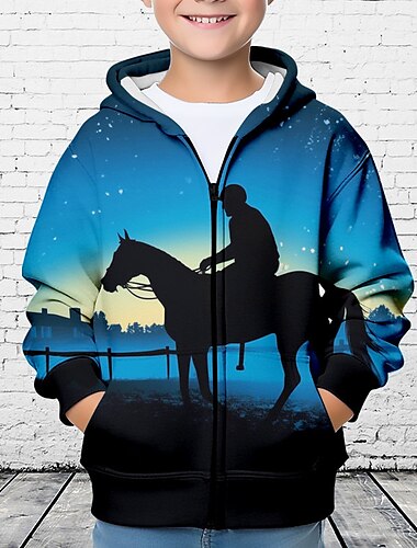  Jungen 3D Pferd Kapuzenshirt Mantel Oberbekleidung Langarm 3D-Druck Herbst Winter Modisch Strassenmode Cool Polyester kinderkleidung 3-12 Jahre Outdoor Casual Täglich Regular Fit