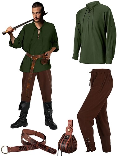  Retro / vintage Medieval Renascentist Pantaloni Ținute Curea în Talie Pirat Viching Bărbați Viching Fantezie Halloween Carnaval Mascaradă Carnaval Performanță Mascaradă Adulți Cămașă Pantaloni Centură