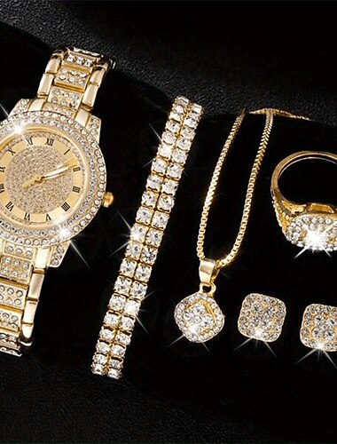  Luxuriöse Strass-Quarzuhr, Hip-Hop-Mode, analoge Armbanduhr&amp; 6-teiliges Schmuckset als Geschenk für Frauen