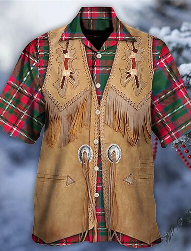  قميص رجالي منقوش على الطراز الغربي بتصميم كلاسيكي في الهواء الطلق وخريف وشتاء بأكمام قصيرة كاكي SML