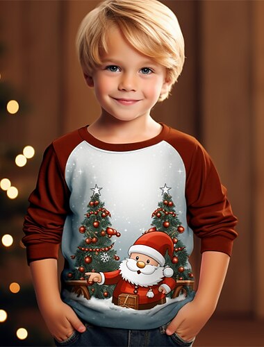  julegutter 3d julenisse Raglanermet skjorte langermet 3d-trykk høst vintersport mote streetwear polyester barn 3-12 år rund hals utendørs casual daglig normal passform