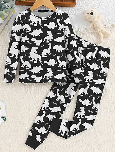  Para Meninos 3D Dinossauro Conjuntos de pijama Manga Longa Impressão 3D Outono Inverno Ativo Legal Diário Infantil 3-12 anos Gola Redonda Casa Casual Interior Normal