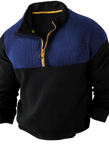  Herren Waffelhemd T Shirt Halb-Zip-Shirt T-Shirt Langarm Viertelreißverschluss Frühling & Herbst Farbblock Mode Designer Basic Patchwork Urlaub Straße Ausgehen Schwarz Braun Grün Top T-Shirt für