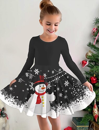  Meninas 3D Papai Noel Boneco de Neve Floco de Neve Vestido de Natal Vestido Vestido Floco de Neve Manga Longa Impressão 3D Outono Inverno Férias Desportos e Ar livre Diário Estilo bonito Casual Lindo