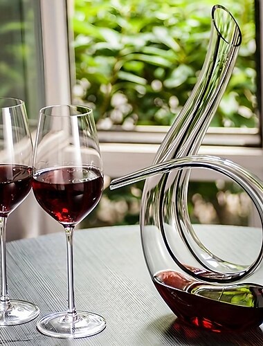 1 decantador de vino tinto de cristal hecho a mano - Jarra de vidrio sin plomo de 46 oz y purificador para el bar del hogar - Diseño único de 6 formas - Perfecto para reuniones y ocasiones especiales