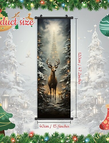  1 Stück Weihnachtsposter mit Kleiderbügeln, Innenhof, Weihnachtshirsch und bunter Weihnachtsbaum, Wandkunst, Leinwandposter, Kunst für Zuhause, Wohnzimmer, Dekoration, Wandkunst-Dekor