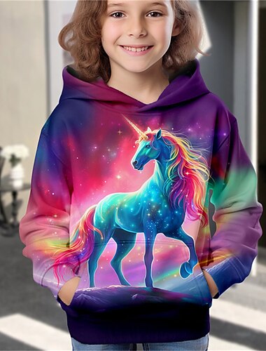  Dívčí 3D Galaxie Jednorožec Kapuce Pullover Dlouhý rukáv 3D tisk Podzim Zima Aktivní Módní Roztomilý Děti 3-12 let Venkovní Ležérní Denní Běžný