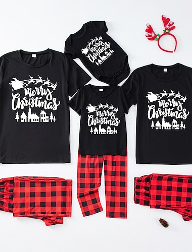  Mirada familiar Pijamas navideños familiares Pijamas Graphic Pijamas a cuadros Lindos pijamas navideños Escuela Estampado Bloque de color Negro Blanco Manga Larga Trajes de mamá y yo Activo Trajes a