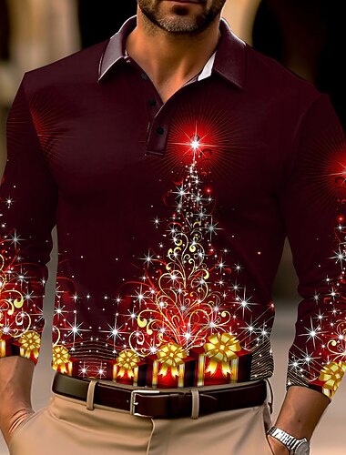  jul menns juletre 3d polo tre tilfeldig golf langermet utendørs uformelt daglig streetwear høst &amp; vinter 3d print turndown vin blå mørkegrønn mikroelastisk polyester