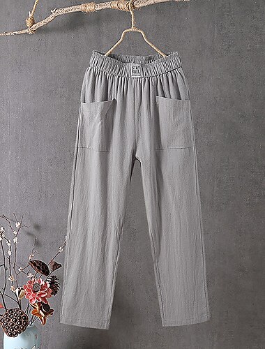  Damen Hose aus Baumwollleinen Stoffhosen Baggy-Hosen solide Klassisch Knöchellang Mittlere Taille Tasche Baggy Elastisches Kordelzugdesign Komfort Atmungsaktivität Weich Mikroelastisch