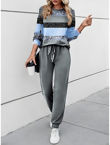  Completi da donna 2 pezzi con felpa e pantaloni tuta attiva per la vita quotidiana set di pantaloni jogger a maniche lunghe collo rotondo stampa a blocchi di colore e lacci outdoor casual giallo rosa