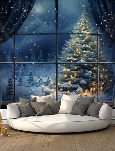 クリスマスの飾り クリスマスツリー 冬 吊り下げタペストリー 壁アート クリスマス 大きなタペストリー 壁画 装飾 写真 背景 ブランケット カーテン 家 寝室 リビングルーム 装飾 雪 窓の景色