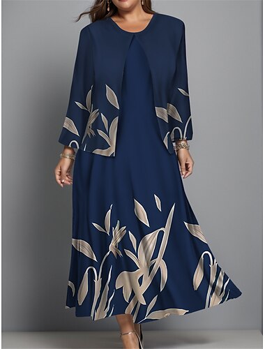  Damen Plus Size Midi Kleid Kleid Set Freizeitkleid Swing Kleid Druck Kleid Mode Streetwear Floral Druck Lange Ärmel Rundhalsausschnitt Outdoor Urlaub Burgunder Navy Blau Blau Herbst Winter Reguläre