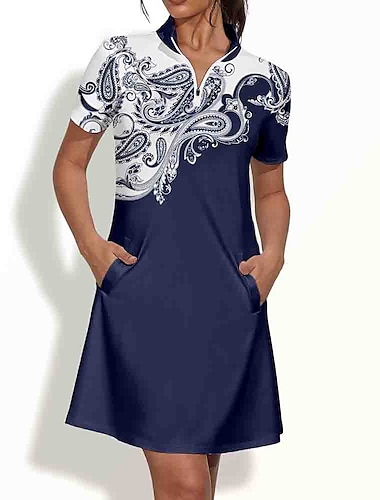  Damen Golfkleid Schwarz Kurzarm Sonnenschutz Kleider Paisley-Muster Damen-Golfkleidung, Kleidung, Outfits, Kleidung