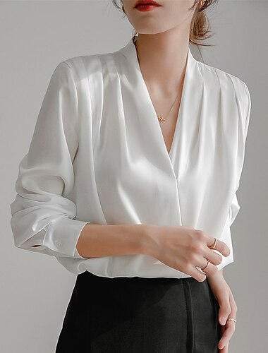  Women's Shirt Blouse Plain Daily Business Mature Long Sleeve V Neck Regular Tops Work White Navy Blue Spring &  Fall