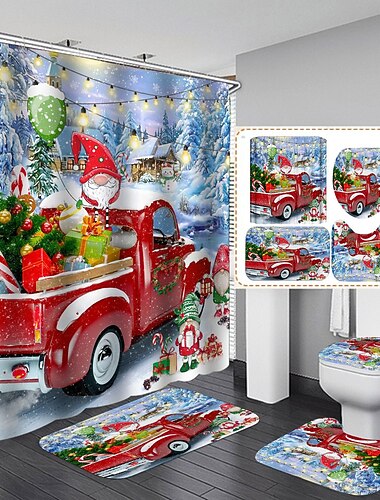  Cortina de chuveiro com padrão de boneco de neve de carro de natal, cortina de chuveiro com 12 ganchos, tapete de banheiro, tapete em forma de u para banheiro, almofada de tampa de vaso sanitário, decoração de banheiro, decorações de natal
