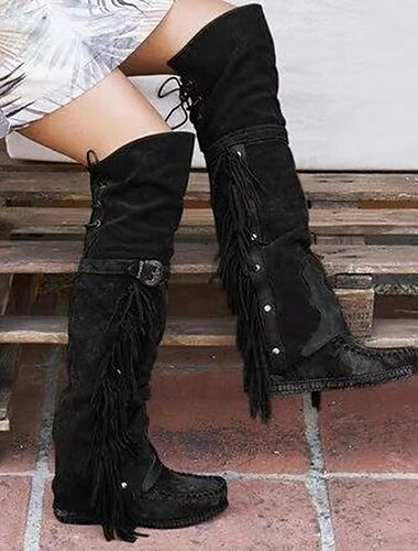  Kniehohe Mokassin-Stiefel aus Wildleder mit Fransen für Damen – Vintage-Boho-Stil, gestickte Details, bequeme Sohle, perfekt für Festivalkleidung und lässige Outfits